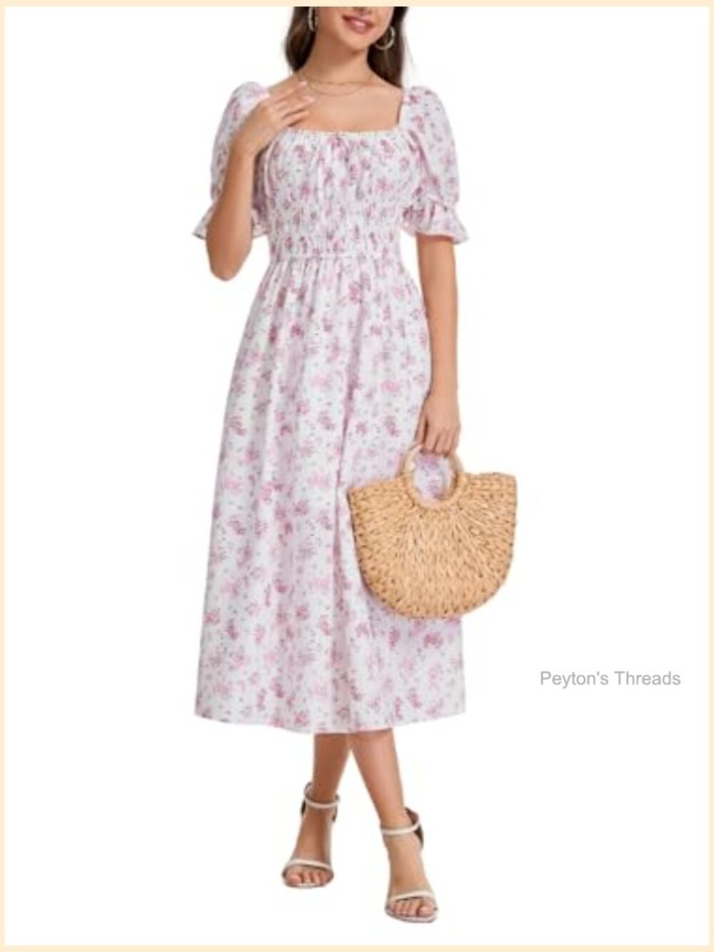 Floral Maxi Dress Puff Sleeve Square Neck Smocked Waist A-Line - Picture 6 of 6